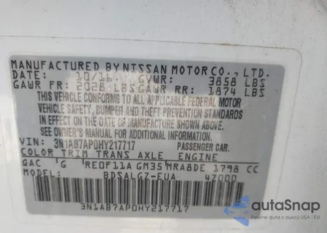 2017 Nissan Sentra Sl z USA, uszkodzony, nr VIN 3N1AB7AP0HY217717